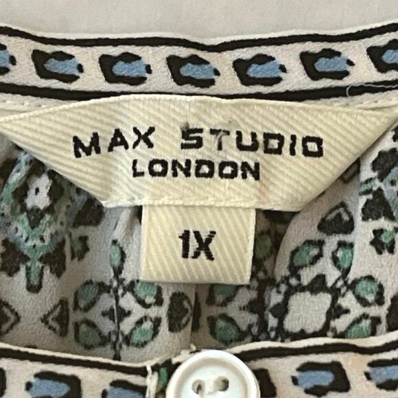 Max Studio Cottagecore Blouse Womens Size 1X Green Blue Keyhole Neck Boho Work - Picture 10 of 16